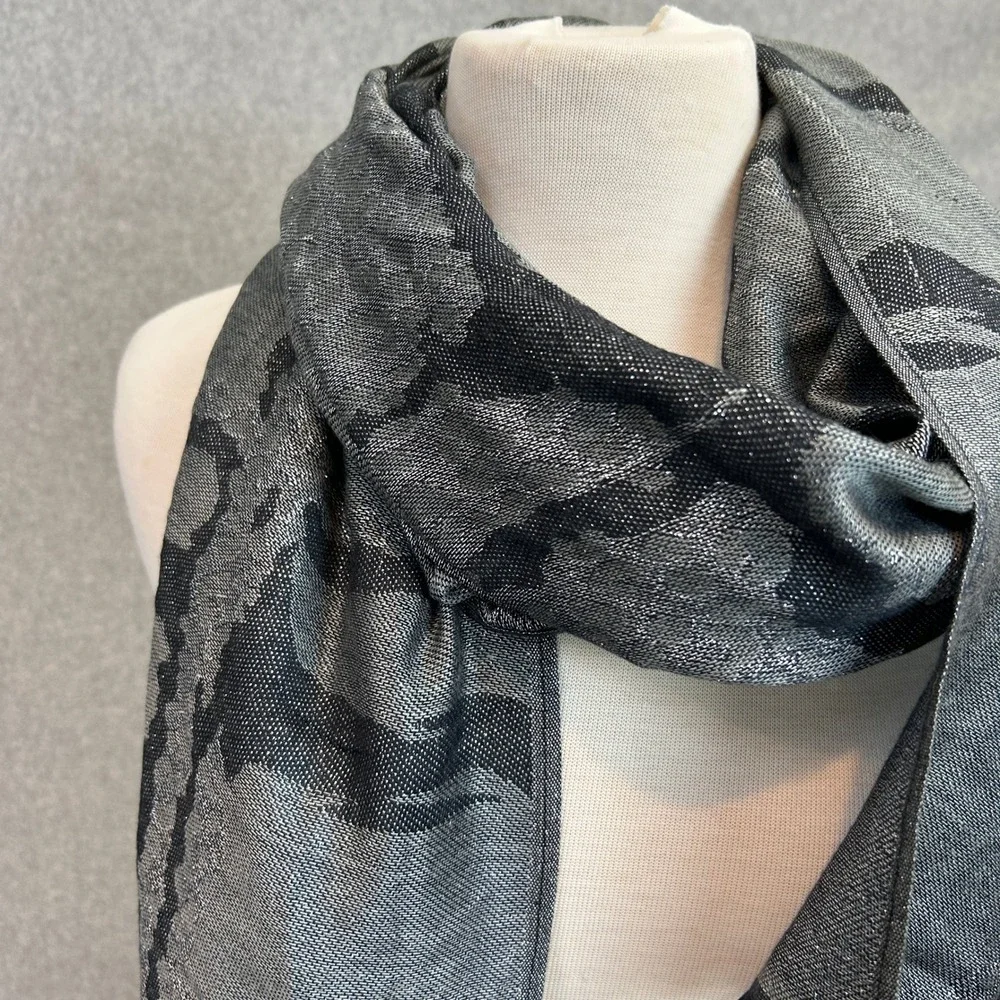 Silver Black Metallic Scarf Wrap Abstract Fringe Minimalist Neutral Accessory